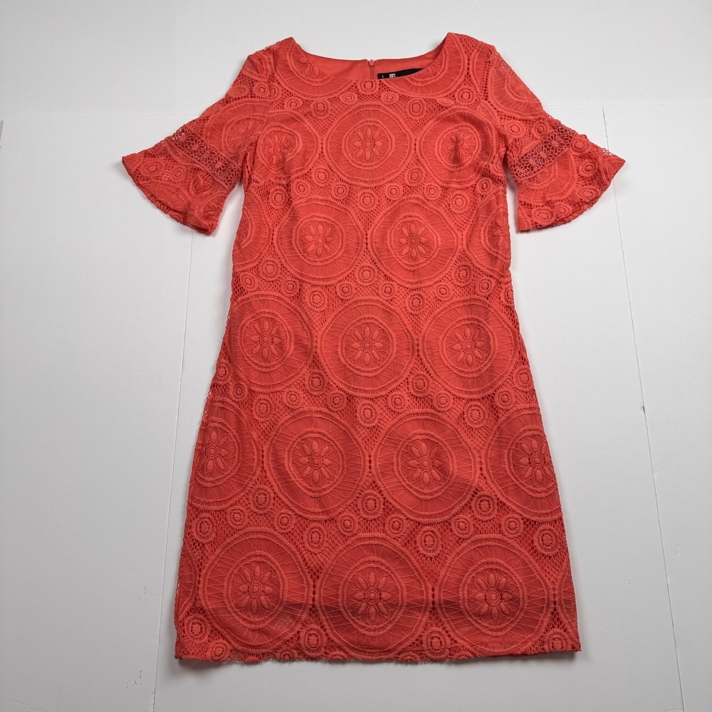 Leslie Fay Dress Womens 4 Coral Lace Overlay Shift Short Sleeve Party Cocktail